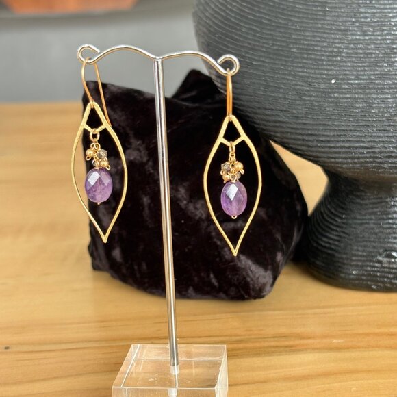 14Kt Gold Fill Amethyst Drop Leaf Earrings Handmade Artisan - Picture 4 of 7